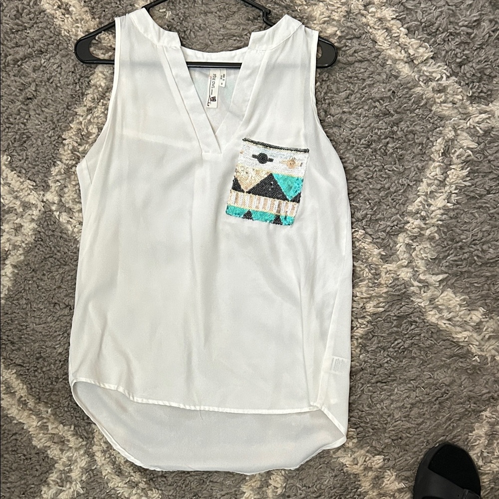 Pink Owl White Sleeveless Blouse with Geometric Pocket